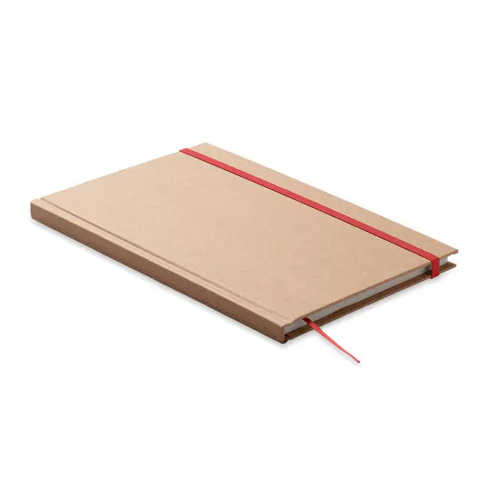 Caiet a5 cu pagini reciclate bej minimalist cu elastic rosu si semn de carte asortat