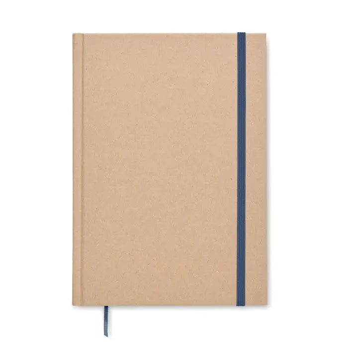 Caiet a5 minimalist din hartie kraft cu elastic albastru inchis si semn de carte asortat din pagini reciclate