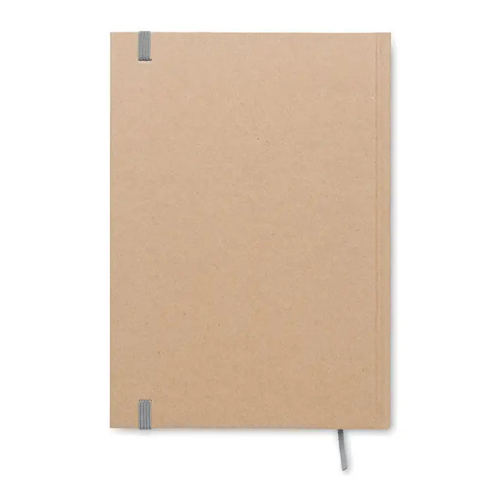 Caiet A5 cu pagini reciclate din hartie kraft minimalist cu benzi elastice gri si semn de carte asortat