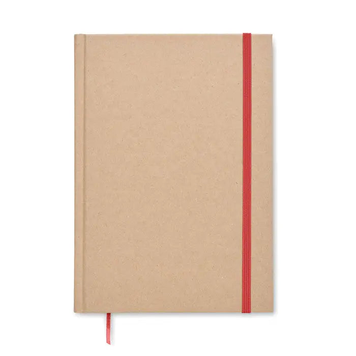 Caiet a5 cu pagini reciclate din hartie kraft minimalist cu elastic rosu vibrant si semn de carte asortat