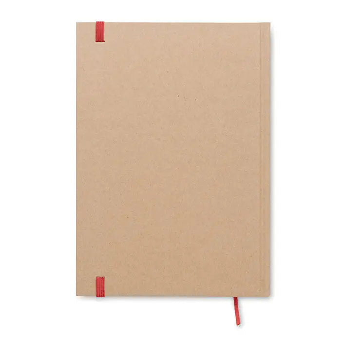 Caiet a5 din hartie kraft maro cu benzi elastice rosii si semn de carte pentru pagini reciclate