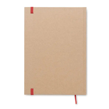 Caiet a5 din hartie kraft maro cu benzi elastice rosii si semn de carte pentru pagini reciclate