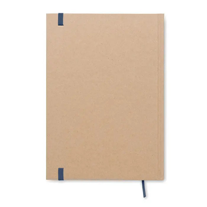 Caiet a5 minimalist din hartie kraft cu benzi elastice albastre si semn de carte din hartie reciclata