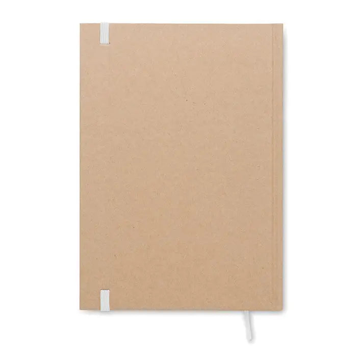 Caiet a5 maro din hartie kraft reciclata cu benzi elastice albe sus si jos pentru notite minimalist