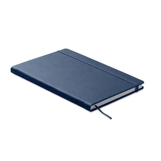 Caiet a5 cu pagini reciclate in coperta bleumarin din piele cu inchidere elastica si semn de carte asortat