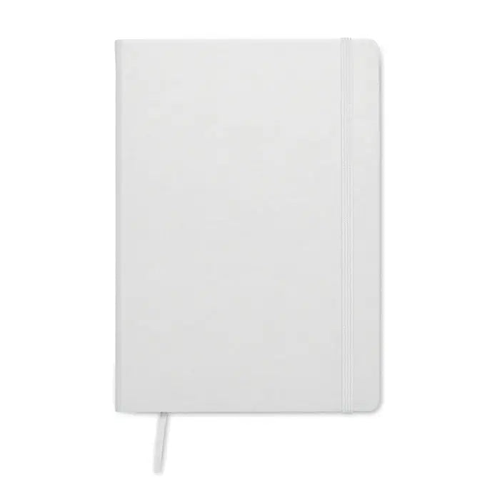 Caiet a5 alb cu pagini reciclate, coperta texturata, elastic si semn de carte din panglica asortata