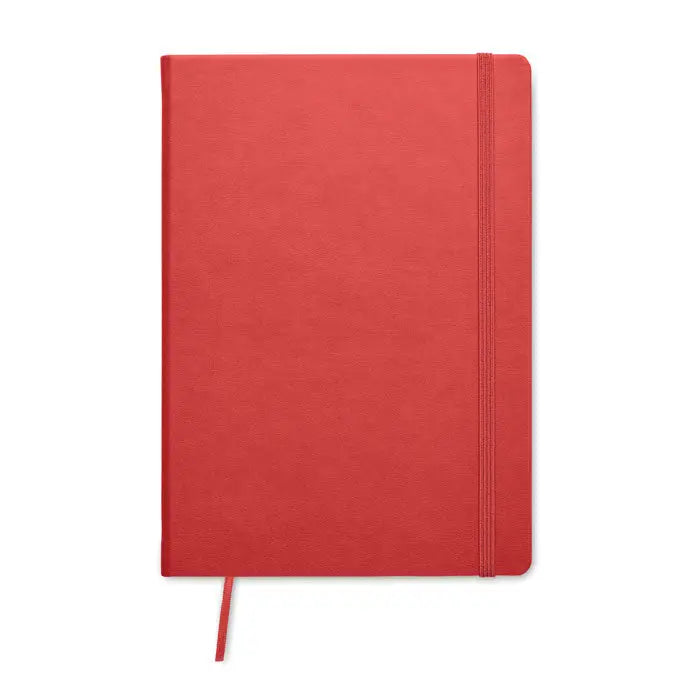 Caiet a5 rosu cu pagini reciclate texturat cu elastic si marcaj din panglica pentru notite ecologice