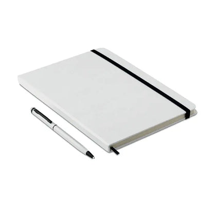 Caiet a5 cu linii alb cu elastic negru si stilou argintiu pentru scris si notite