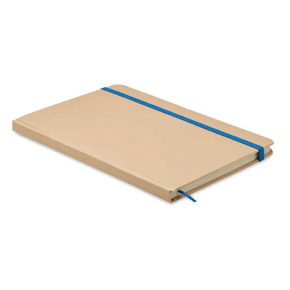Caiet a5 din carton reciclat bej cu elastic albastru si semn de carte asortat