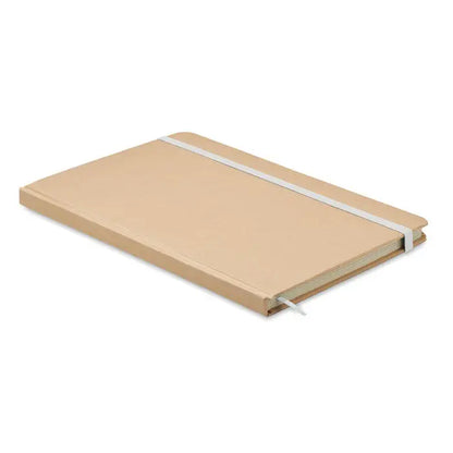 Caiet a5 din carton reciclat cu coperta din piele bej, elastic alb si marcaj asortat pentru notite elegante