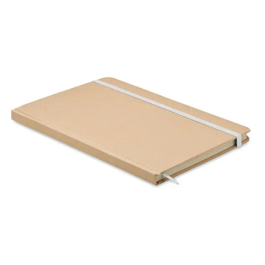 Caiet a5 din carton reciclat cu coperta din piele bej, elastic alb si marcaj asortat pentru notite elegante