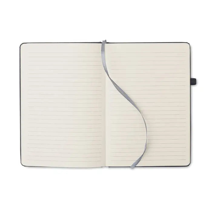 Caiet a5 din piele reciclată neagră cu pagini crem cu linii și semn de carte gri pentru notițe elegante