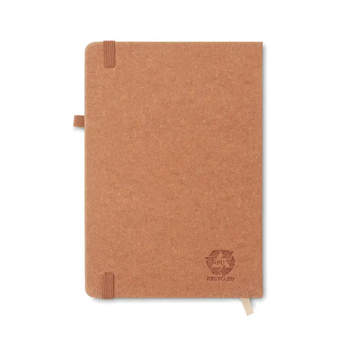 Caiet a5 din piele reciclata tan acoperit cu pluta, design minimalist cu benzi elastice si logo reciclat embossat