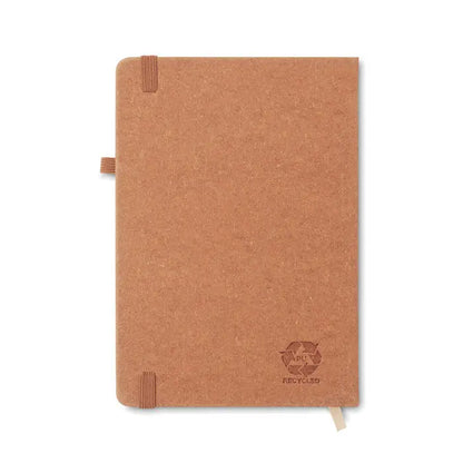 Caiet a5 din piele reciclata tan acoperit cu pluta, design minimalist cu benzi elastice si logo reciclat embossat