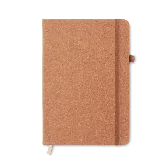 Notebook a5 din piele reciclata tan cu copertă din plută și elastic de prindere