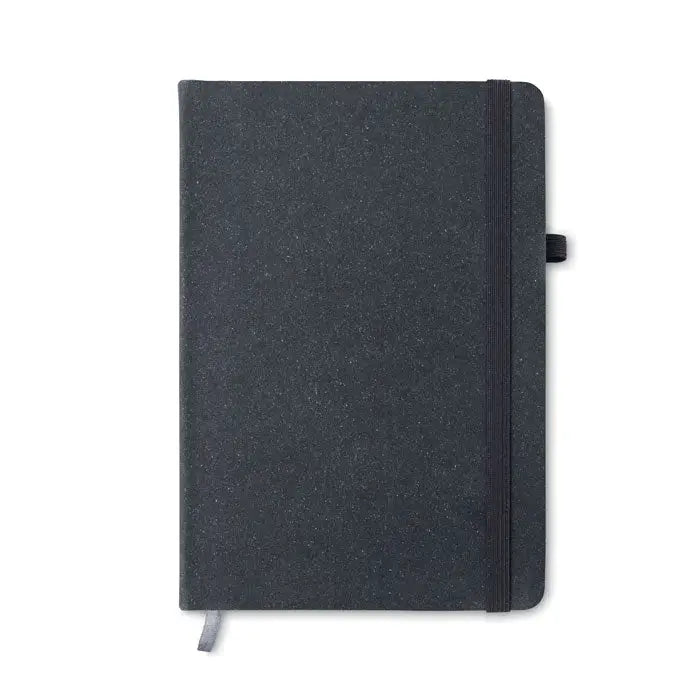 Caiet a5 din piele reciclata negru cu textura, inchidere elastica si semn de carte gri din panglica
