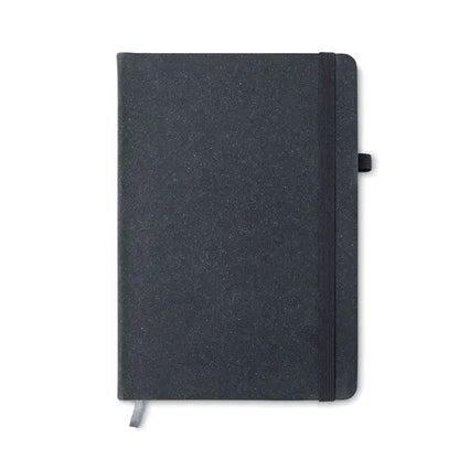Caiet a5 din piele reciclata negru cu textura, inchidere elastica si semn de carte gri din panglica