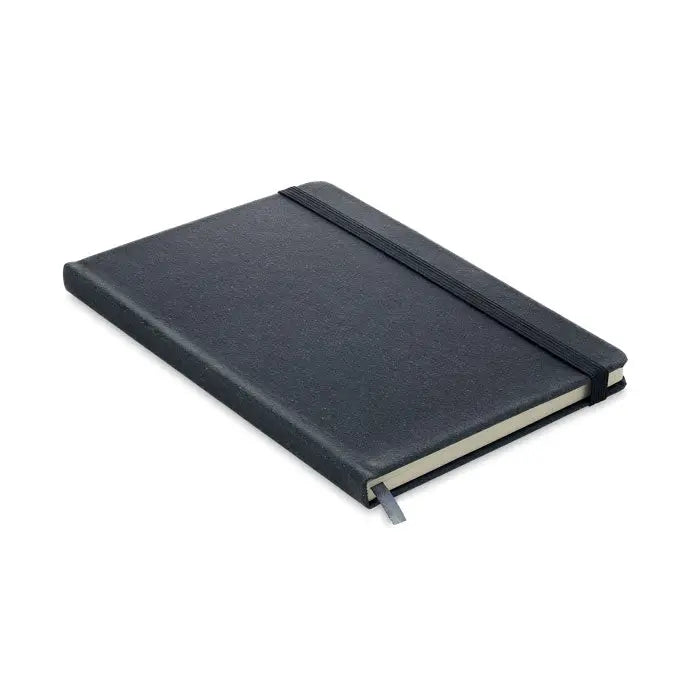 Caiet a5 din piele reciclată negru cu textură, elastic și semn de carte gri pentru notițe durabile