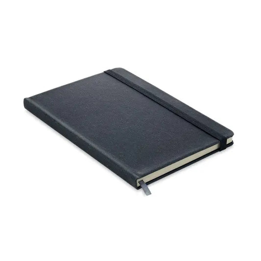Caiet a5 din piele reciclată negru cu textură, elastic și semn de carte gri pentru notițe durabile