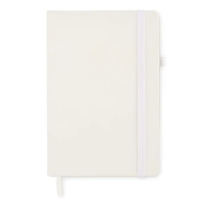 Caiet a5 din pu reciclat crem cu finisaj mat si elastic alb pe coperta pentru notite elegante