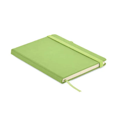 Caiet a5 din pu reciclat de culoare verde lime cu coperta mata si elastic de inchidere asortat