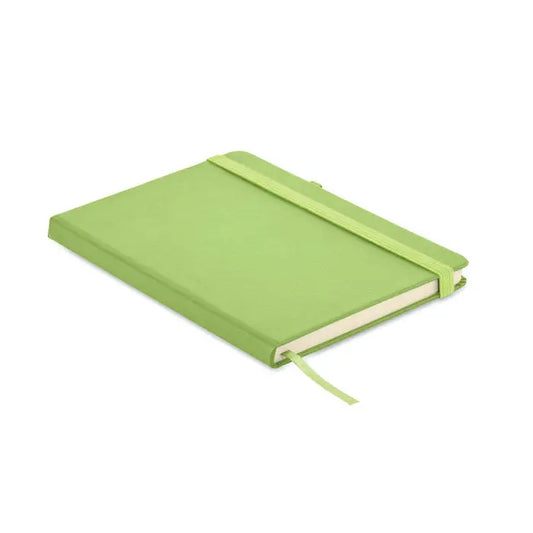 Caiet a5 din pu reciclat de culoare verde lime cu coperta mata si elastic de inchidere asortat
