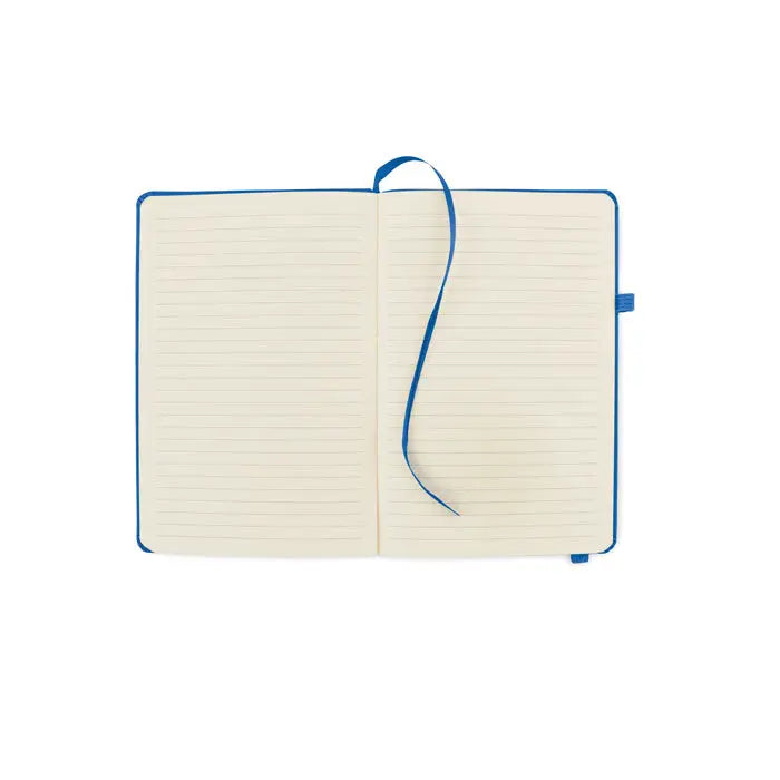 Caiet a5 din pu reciclat albastru cu file linii și semn de carte din panglică asortată