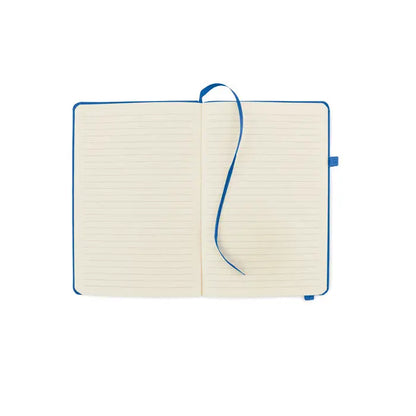 Caiet a5 din pu reciclat albastru cu file linii și semn de carte din panglică asortată