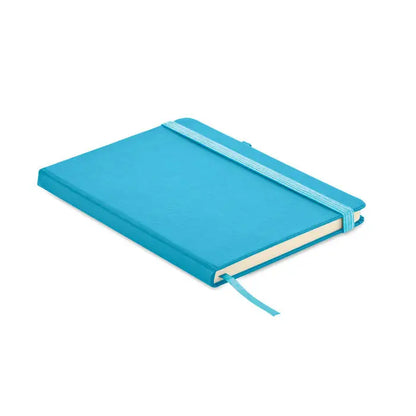 Caiet a5 din pu reciclat turcoaz cu coperta texturata, elastic si semn de carte asortat
