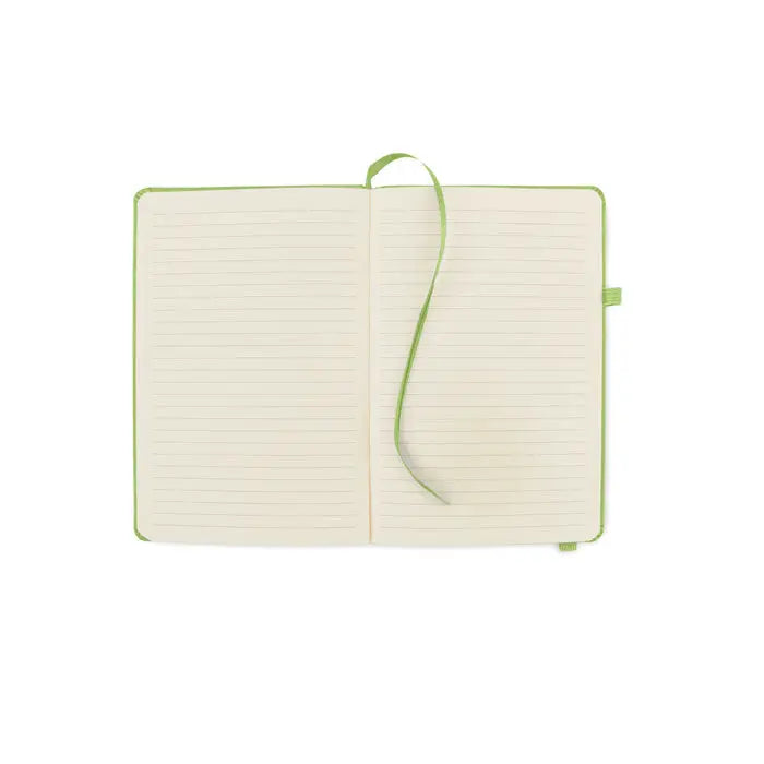 Caiet a5 din pu reciclat lime green cu copertă dură, pagini liniate și semn de carte din panglică asortată