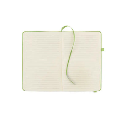 Caiet a5 din pu reciclat lime green cu copertă dură, pagini liniate și semn de carte din panglică asortată