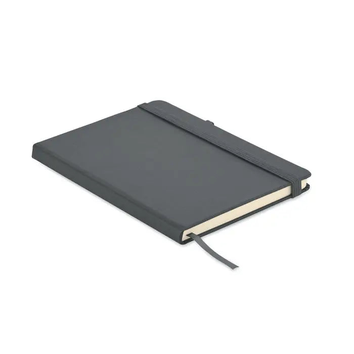 Caiet a5 din pu reciclat cu coperta hardcover gri închis, elastic și semn de carte asortat