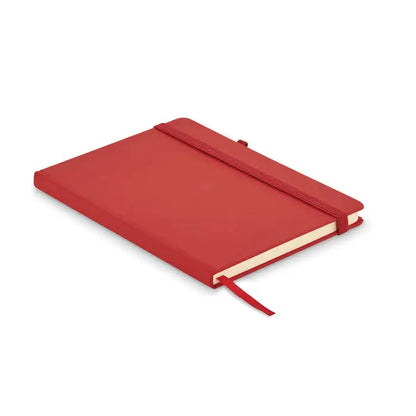 Caiet a5 din pu reciclat cu coperta texturata rosie si elastic de prindere asortat