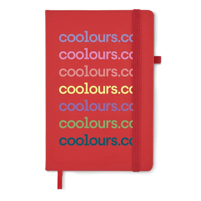 Caiet a5 din pu reciclat roșu cu text colorat vibrant cooloursco și sistem de închidere elastic