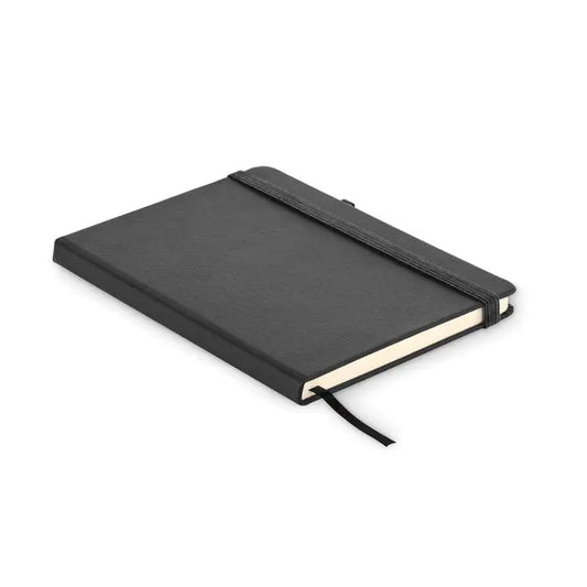 Caiet a5 din pu reciclat negru texturat cu inchidere cu elastic si semn de carte asortat