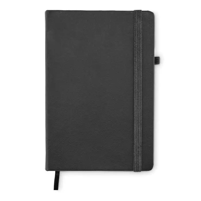 Caiet a5 din pu reciclat negru cu textură, elastic și tab pentru uz zilnic și notițe organizate