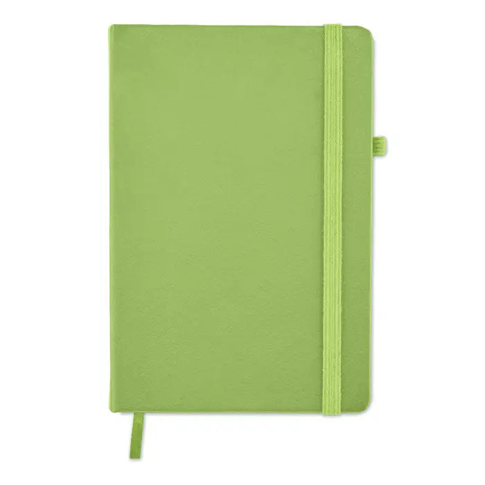 Caiet a5 din pu reciclat cu coperta texturata din material textil verde lime si elastica asortata