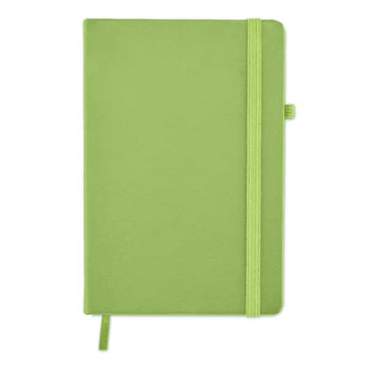 Caiet a5 din pu reciclat cu coperta texturata din material textil verde lime si elastica asortata