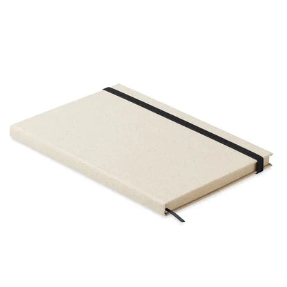 Caiet a5 iarba bej cu textură, elastic negru si semn de carte asortat pentru notite cu 80 de randuri