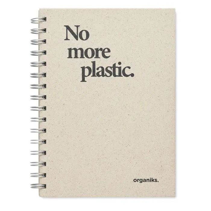 Caiet a5 iarba 80 randuri beige texturat spiralat cu mesaj no more plastic negru brand organiks