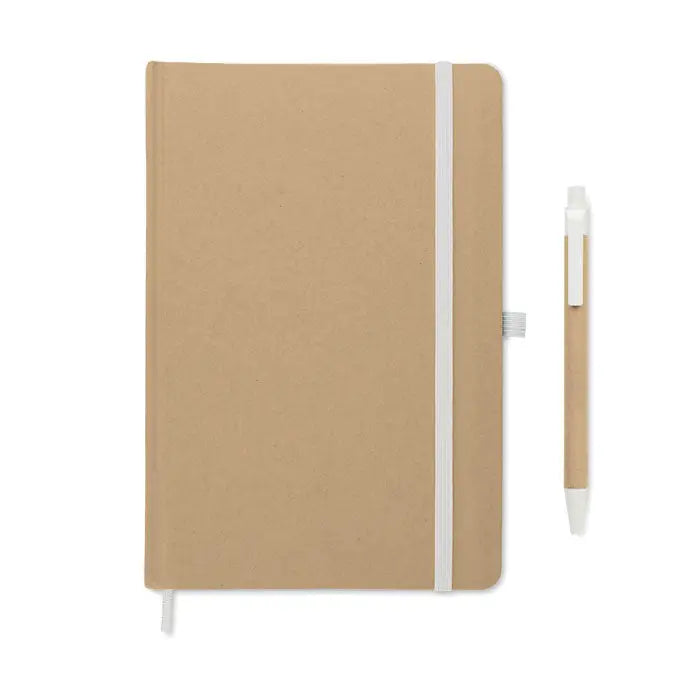 Caiet a5 din carton reciclat kraft cu elastic alb si pix asortat pentru notite si schite