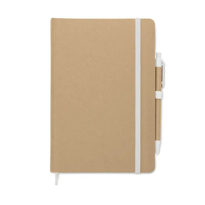 Caiet a5 din carton reciclat de culoare kraft cu elastic alb si pix asortat pentru notite si schite