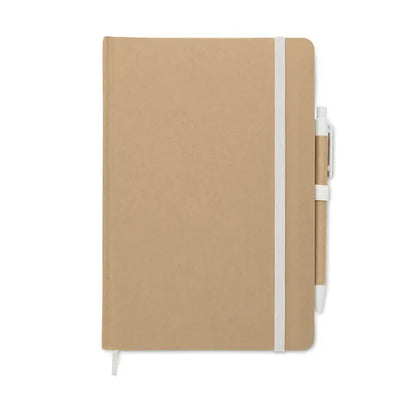 Caiet a5 din carton reciclat de culoare kraft cu elastic alb si pix asortat pentru notite si schite