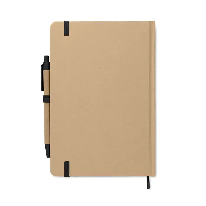 Notebook caiet a5 din carton reciclat tan cu pix negru atasat pe lateral pentru scris si notite