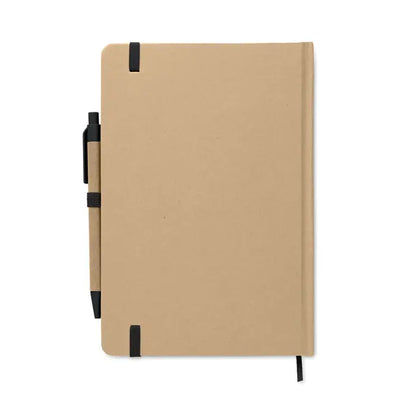 Notebook caiet a5 din carton reciclat tan cu pix negru atasat pe lateral pentru scris si notite