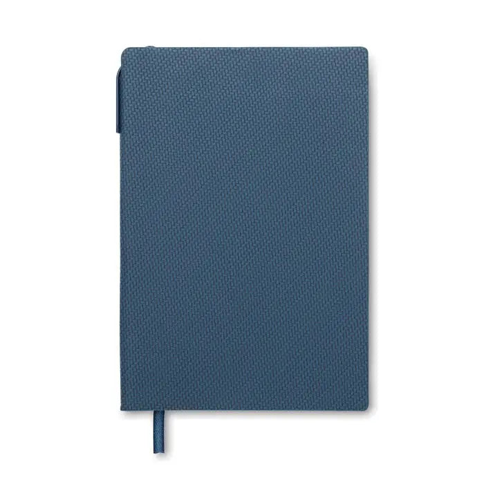 Caiet a5 pu bleumarin texturat cu semn de carte asortat si suport pentru stilou