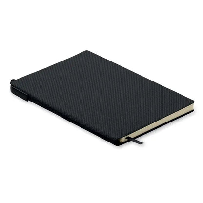 Caiet a5 pu cu stilou negru texturat cu design minimalist si elastic de culoare neagra pentru inchidere segura