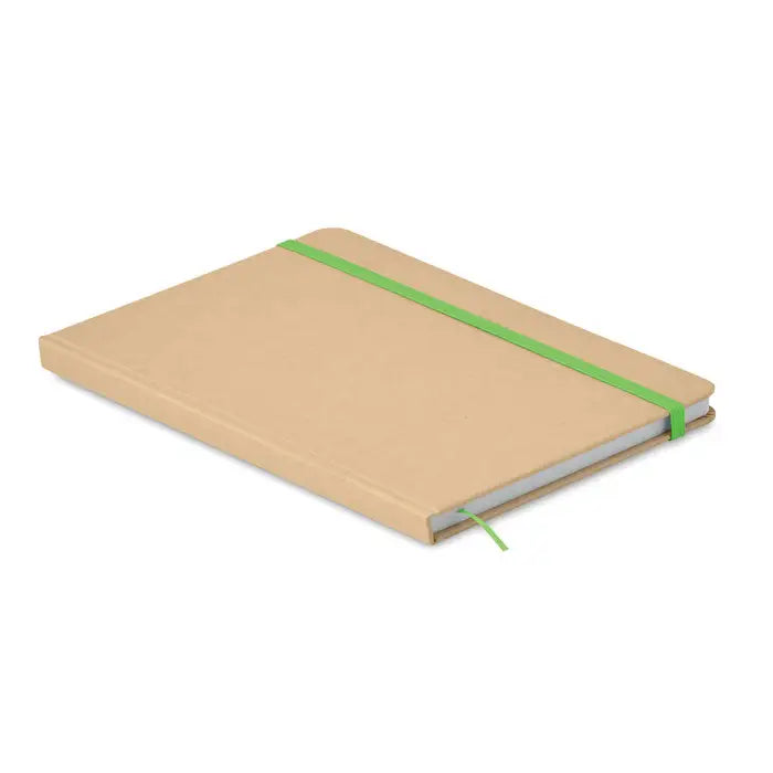 Notebook a5 reciclat cu coperta hardcover bej si elastic verde pentru 80 de randuri de notite