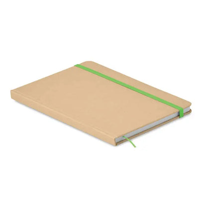 Notebook a5 reciclat cu coperta hardcover bej si elastic verde pentru 80 de randuri de notite