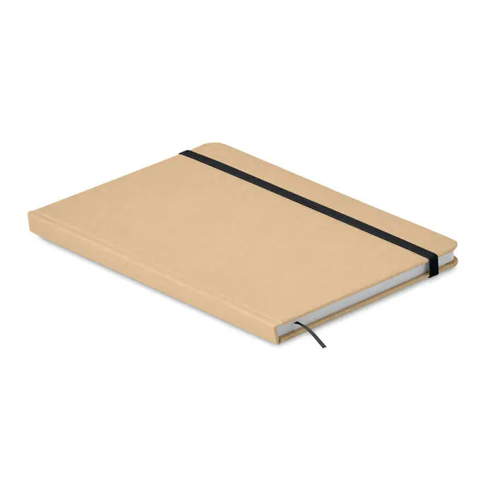 Beige caiet a5 reciclat cu coperta din piele, elastic negru si semn de carte asortat, 80 de randuri